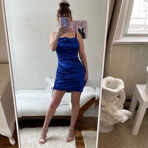 BLUE SLIP DRESS SIDE RUCHING STRETCH ADJUSTABLE STRAPS COWL NECK SATINY